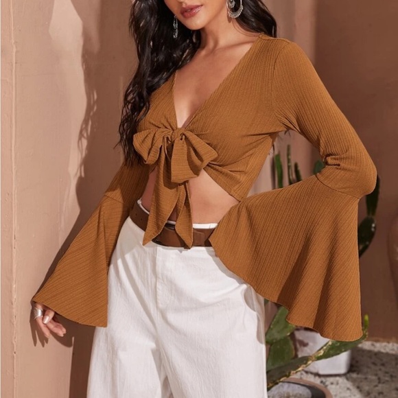 SHEIN Tops - SHEIN VCAY Ribbed Trumpet Sleeve Self tie Crop top